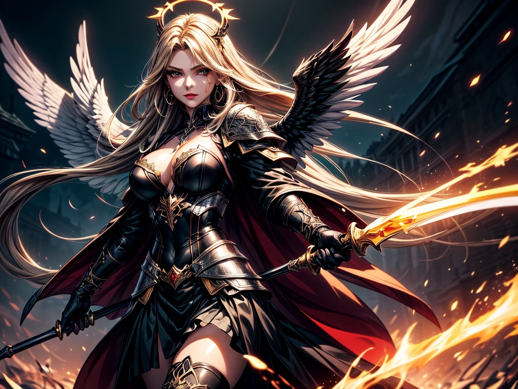In the middle of the burning battlefield filled with broken swords and dead sodiers stand beatiful female fallen angel with black wings , she have beautiful face her eyes is golden yellow she have dark red lipstick and black eyeshadows she have piersing ring on her lip and cross shaped earrings on her ears her hair golden blond with black highlights with a blood red halo above her head, she dressed in sexy black leather armor with long skirt and black highheels boots with betal parts she have mystic symbols tattoo on her shouders, in her hand she holding long spear, (ultra high quality fantasy art, ghothic dark fantasy style, masterpiece, ultra high quality character design, 8k quality anime art, realistic anime art, top quality wallpaper illustration, detailed ultra high quality accurate face, high quality design and accurate physic)