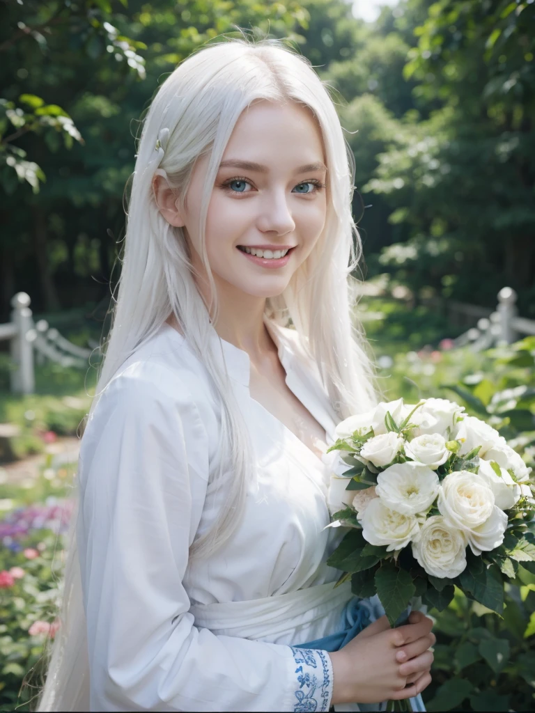 Long white hair, blue eyes, serious features, white skin, beautiful teeth smile, smiling, open mouth, loose style, in a garden, with flowers , in the forest ,jeju Korea, half body