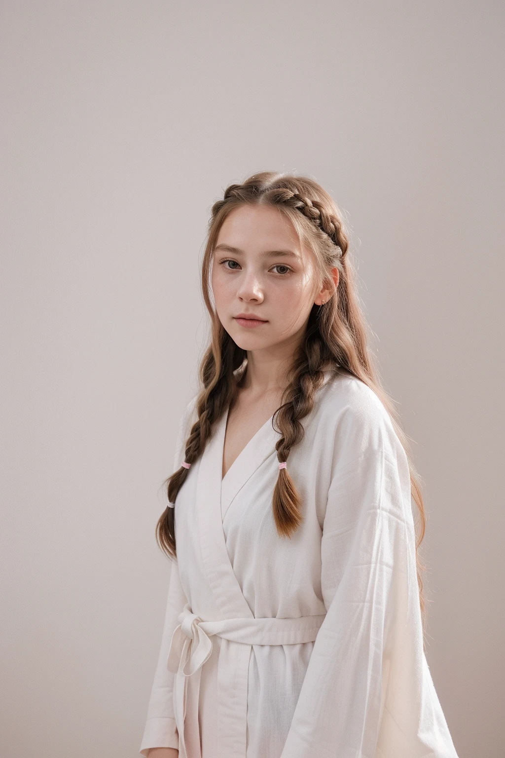 1girl,solo,portrait,photography aesthetic, long hair with a braid, fruit-patterned robe, minimalist white background, diffused lighting, pastel color palette with white and pink tones, innocent and youthful expression, staged indoor scene focusing on aesthetic beauty and softness, high-resolution