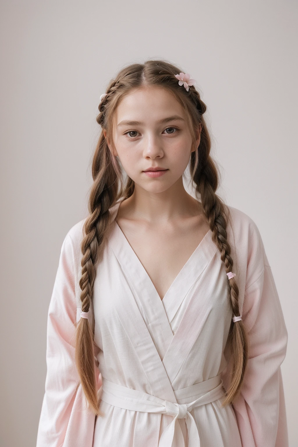 1girl,solo,portrait,photography aesthetic, long hair with a braid, fruit-patterned robe, minimalist white background, diffused lighting, pastel color palette with white and pink tones, innocent and youthful expression, staged indoor scene focusing on aesthetic beauty and softness, high-resolution