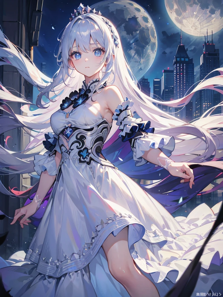 masterpiece, Highest quality、1 female、Long white hair、Blue Eyes、princess、beautiful、dress、city、Dance、moon