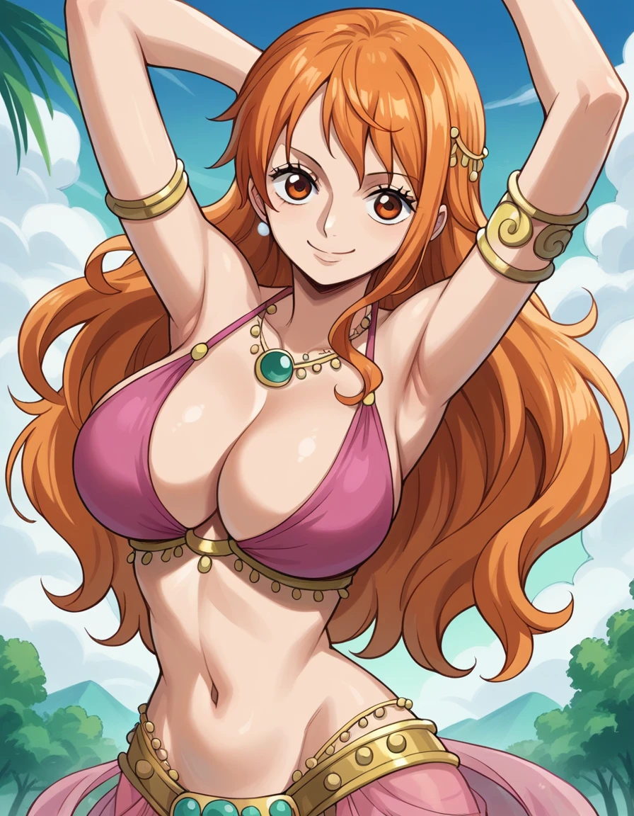 score_9, score_8_up, source_anime, best quality, nami, NAAmi, orange hair, orange eyes, long hair, large breasts, standing, looking at viewer, bellydancer clothes, pink clothes, cleavage, dynamic angle, smile, outdoor, arms up, cowboy shot