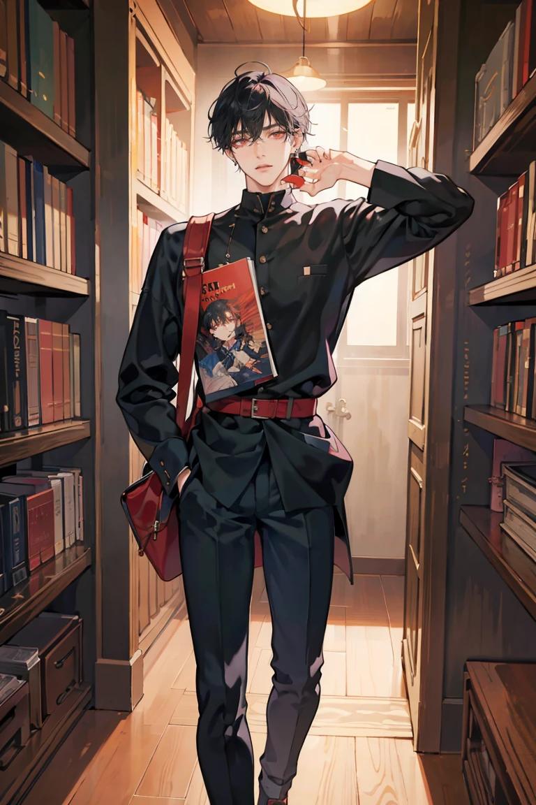 (masterpiece), best quality, seductive eyes, perfect face, handsome man, red eyes, short messy black hair, long nose, korean , full body, extremely tall man, long legs, long calves, anime cover, 1boy, ear piercings, hands in pockets, adult-like look, bad boy, the background is a library and he's looking at the book at the top while his hands are on his pockets  
