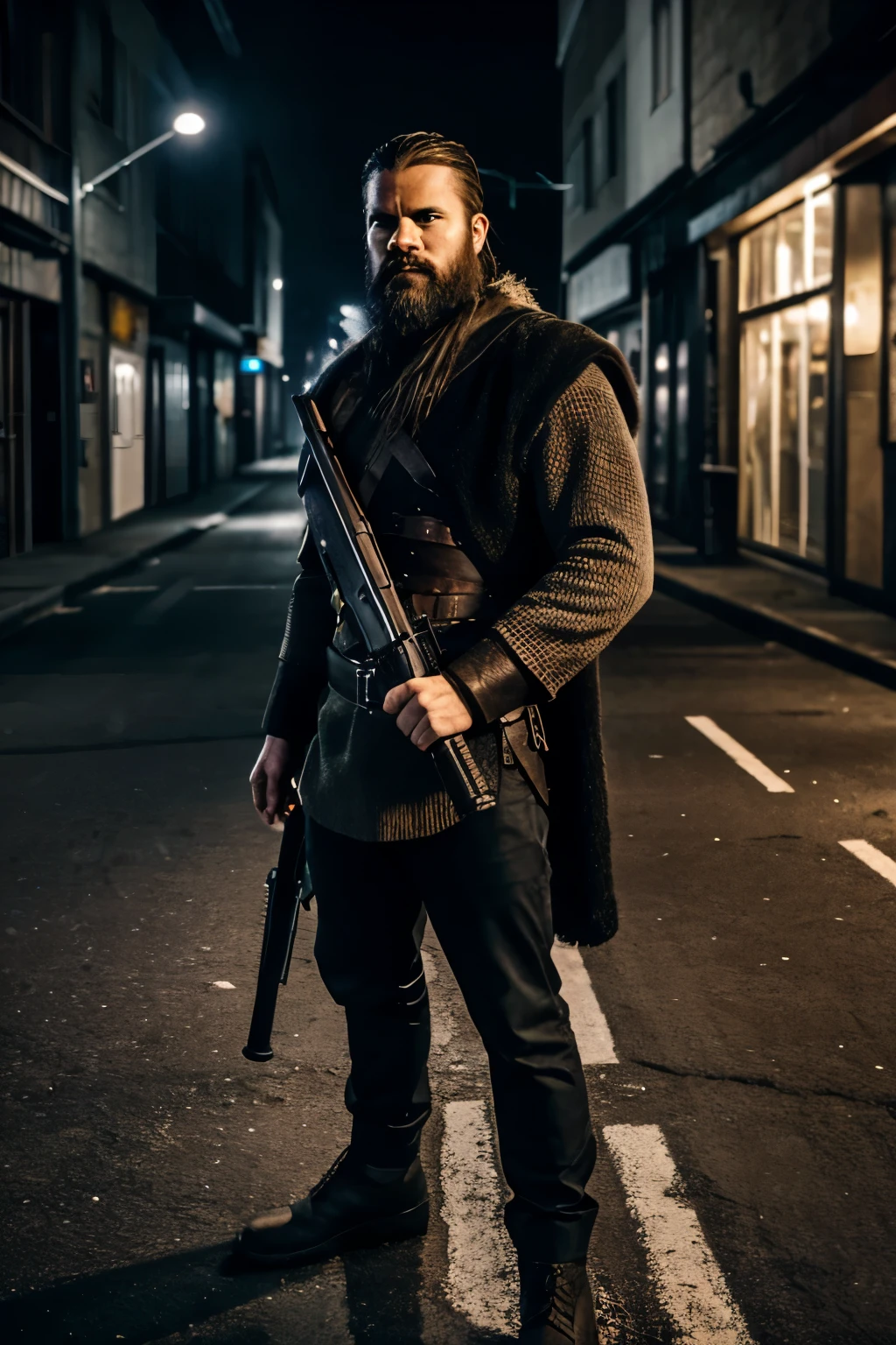 Modern day Viking with black hair and a black beard holding a gun at night in a dystopian city