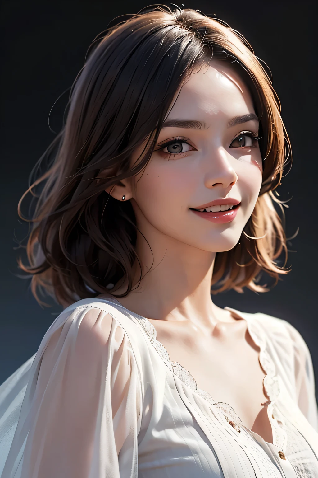 ((masterpiece)), ((Highest quality)), ((Complex)), ((Surreal)), (Realistic), (Mature Woman), ((There are no classes)), Very detailed, (1 female), Beautiful and exquisite, (Beautiful Teeth), Grin, Brunette Bob Hair, Brown eyes, ((blouse)), (Upper Body), (background:none), Perfect Eyes, Captivating eyes, Looking at the audience