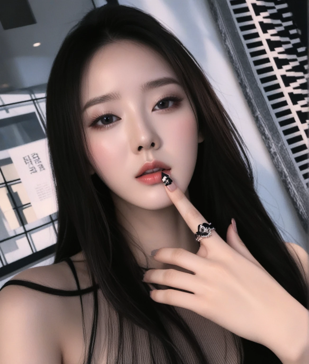 a close up of a woman with long hair and a ring on her finger, popular south korean makeup, cruel korean goth girl, popular korean makeup, ulzzang, korean girl, wan adorable korean face, beautiful south korean woman, korean face features, kanliu666, beautiful aesthetic face, gorgeous young korean woman, sexy face with full makeup, Karina aespa, karina