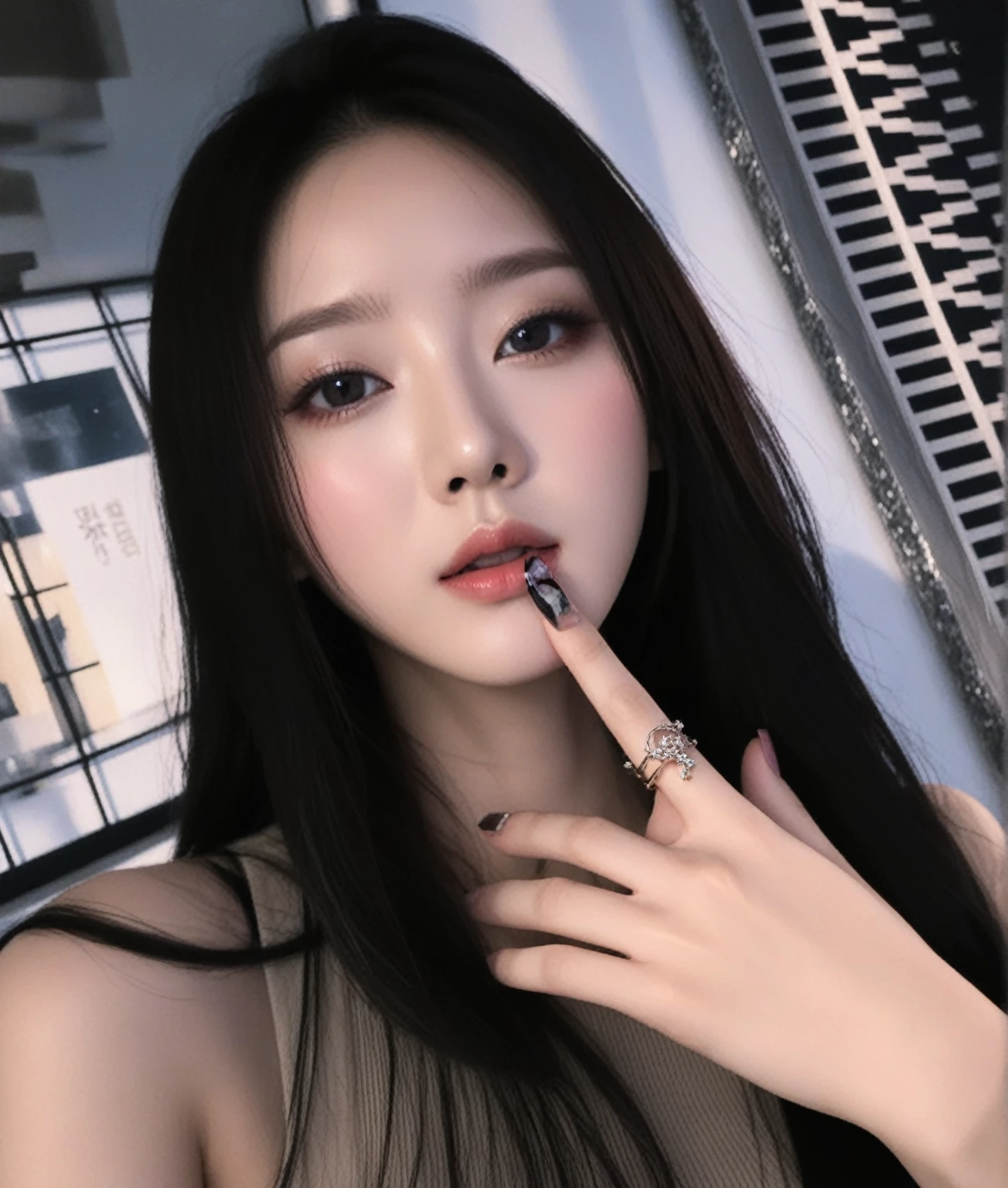 a close up of a woman with long hair and a ring on her finger, popular south korean makeup, cruel korean goth girl, popular korean makeup, ulzzang, korean girl, wan adorable korean face, beautiful south korean woman, korean face features, kanliu666, beautiful aesthetic face, gorgeous young korean woman, sexy face with full makeup, Karina aespa, karina