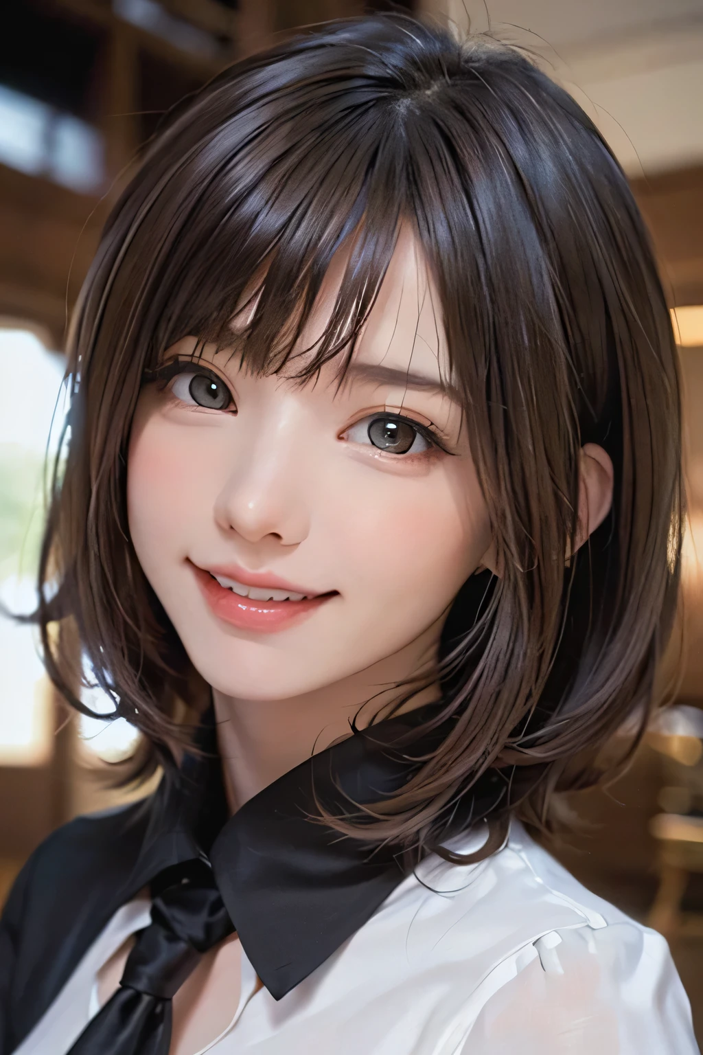 ((masterpiece)), ((Highest quality)), ((Complex)), ((Surreal)), (Realistic), (Mature Woman), ((There are no classes)), Very detailed, (1 female), Beautiful and exquisite, (Beautiful Teeth), Grin, Brunette Bob Hair, Brown eyes, ((blouse)), (Upper Body), (background:none), Perfect Eyes, Captivating eyes, Looking at the audience