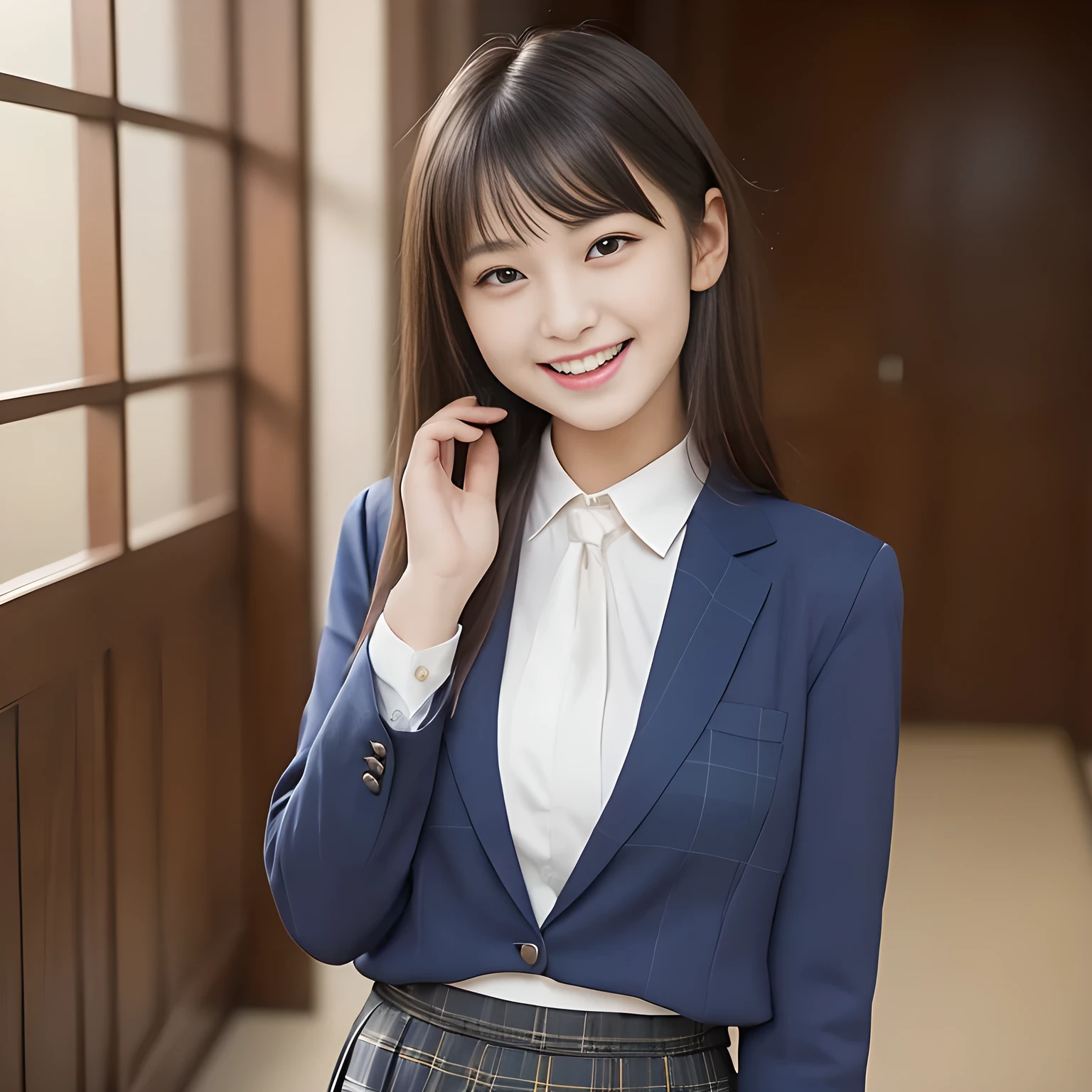 (Highest quality, masterpiece:1.2), Highest quality, High resolution, 1080P, 8K, height: 158cm, ((A noble and intelligent girl who looks like a cute Japanese young lady is giggling while magically hypnotizing the viewer)), ((So sweet, very noble, cute and pretty Japanese beautiful cute girl)), ((A real, very girly, sweet, cute and noble girl)), ((Many sacred beautiful woman dolls in the background)), ((((A 14 years old, smiling beautiful Japanese cute fashion model)))), ((((Very pure white face and limbs)))), Glossy Lips, (Evenly cut bangs), ((Very beautiful, smiling brown, droopy, cute, pure, noble eyes)), ((Super long, straight black hair that reaches the floor)), Very shiny, Glossy Lips, Open hand over open mouth, Beautiful straight hair like a hair model, Watch and laugh at your audience, ((Incredibly well organized, Rich facial expressions. Plump and beautiful white skin and face)), ((Pure, clear, gentle smiling eyes)), ((Smile at me)), Glossy Lips, ((Noble and elegant)), ((As the succubus charms you with her magic and giggles)), ((((Succubus is fascinating、Calling to the depths of eternity)))), Very beautiful blue skirt, ((Large upward-curving lips)), ((Look directly at the viewer)), White Hand, ((Navy Japanese School Blazer, Navy and sapphire blue Japanese school uniform tartan check pattern pleated long skirt, Blue string ribbon tie)), ((((An ecstatic expression of boundless joy)))), ((Black background))