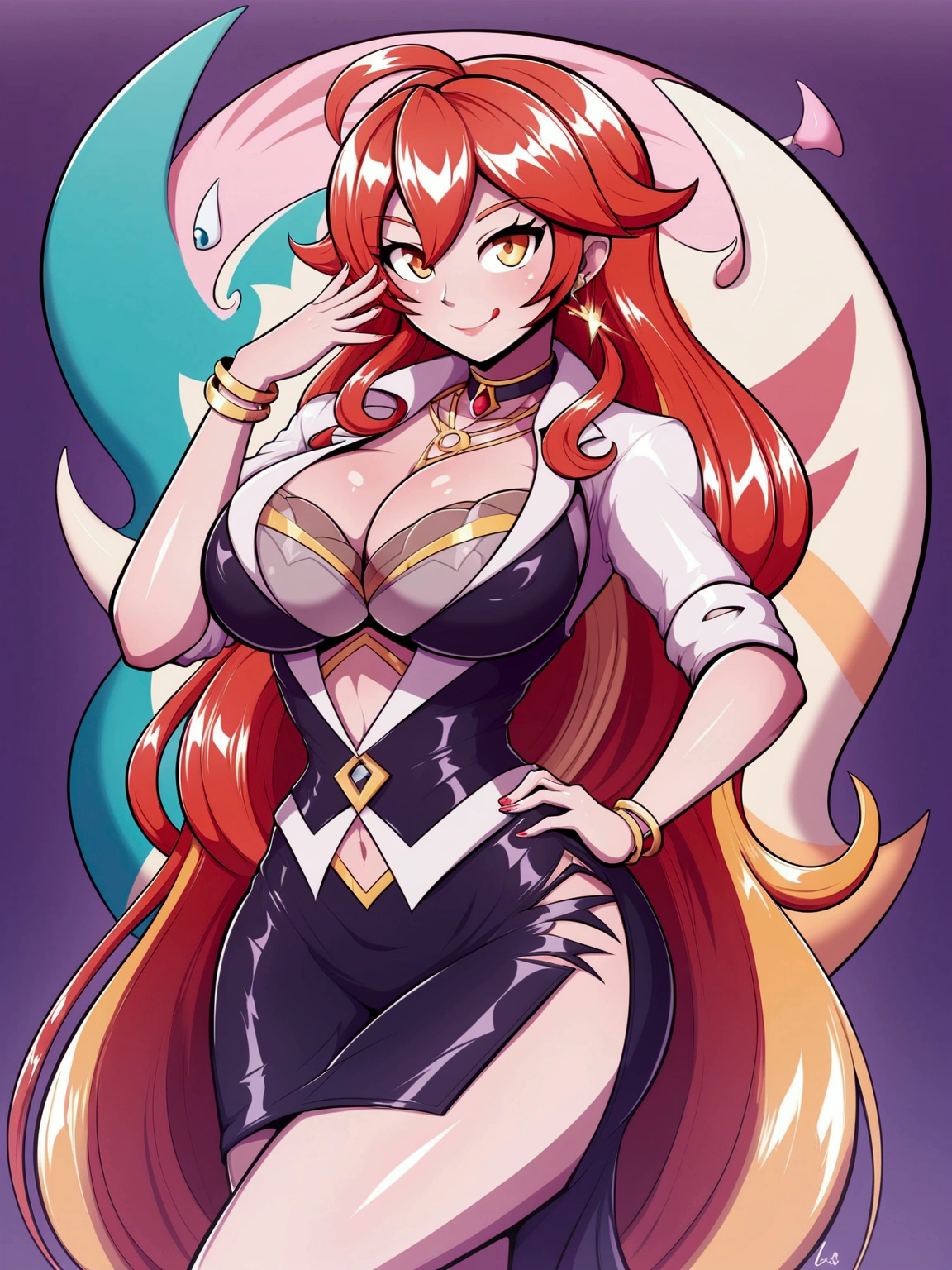 ol professional woman,shirt,Professional hip skirt,Red long hair,Very long hair,Large Breasts,Keep files,Exciting appearance