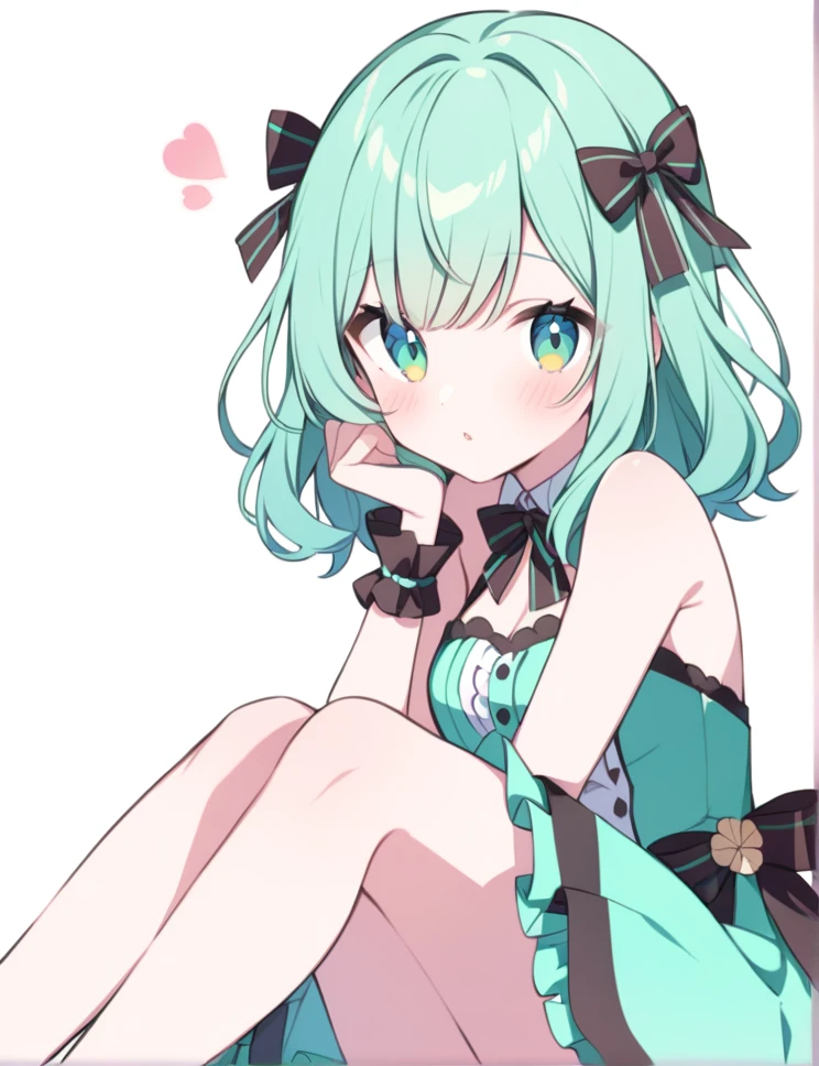 Shoulder out,Sweaters,Green hair,Striped socks，Raising,Striped panties,blushed face,Cat ears，Pink eyes，Smile with open mouth,Light blue Lolita,Top image quality,Best Quality
