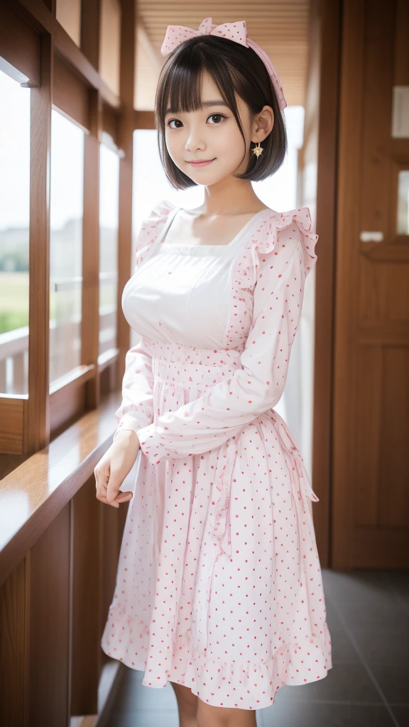 (Pink luxury maxi long dress, Long Sleeve Ruffled, White maid apron, White prim head), (スカートをたくし上げる with Panty shots with a polka dot pattern:1.3), (full length, whole body), (black hair, , (slim waist and large breasts style, short height:1.2), short bob hair, aqua eyes, blush stickers, one little star earring, lively eyes, younger sister girl, round face, eyebrows downward, light blush, Look at viewers, affectionate cute, cute girl, surreal high school girl, Look at viewers, smile, Hinano Himeno), (Surrealism, natural lighting, depth of field, Nikon, 8k, super detail, masterpiece, high details, anatomically correct, award winning), look at the viewer