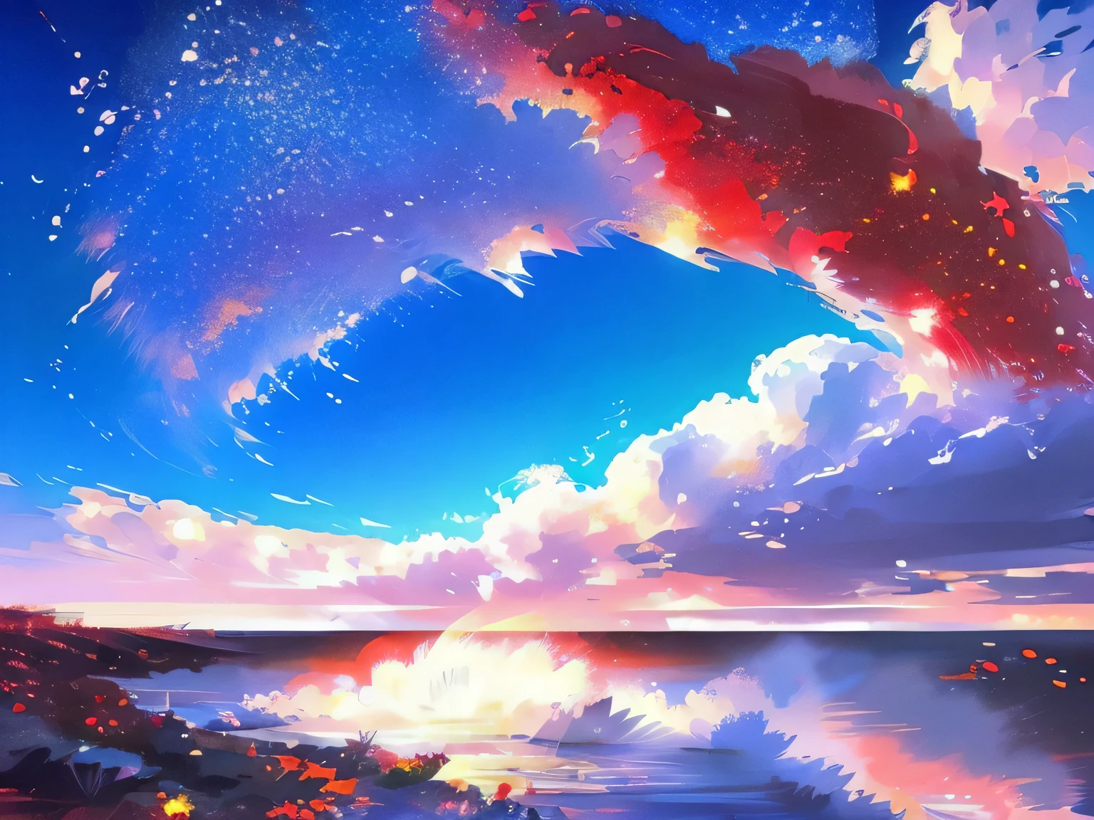 EIZIN SUZUKI style art, (City Pop Style), ((MAGICAL SOUND SHOWER, SPLASH WAVE, PASSING BREEZE, SHINING WIND)), beautiful, No humans, Red classic car, (masterpiece), 8k wallpaper,