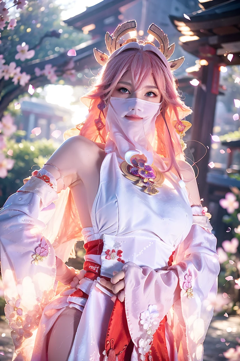 (Extremely detailed CG Unity 8K wallpaper, masterpiece, best quality), (ulzzang-6500-v1.1:0.4) 1 Girl, Korean Idol, Yae Miko, Separate sleeves, Pink Hair, Long hair, best quality, (Reality:1.2), (Hair accessories:1.35), Jewelry, Fox ears, Wearing a veil, (White Veil, Silk veil:1.2), Purple Eyes, earrings,, Torii, Cherry blossoms, lantern, Depth of Field, Delicate face, Face Focus, (Looking at the audience:1.25), Glowing skin, Long sleeve, Cowboy shooting, Dynamic poses, (Bend forward, Show your armpits, Sexy pose:1.3), Game CG, High Leg Raise, East Asian Architecture, Solid color background, whole body,  Elegant Posture, Concentrated expression, Ambient Lighting