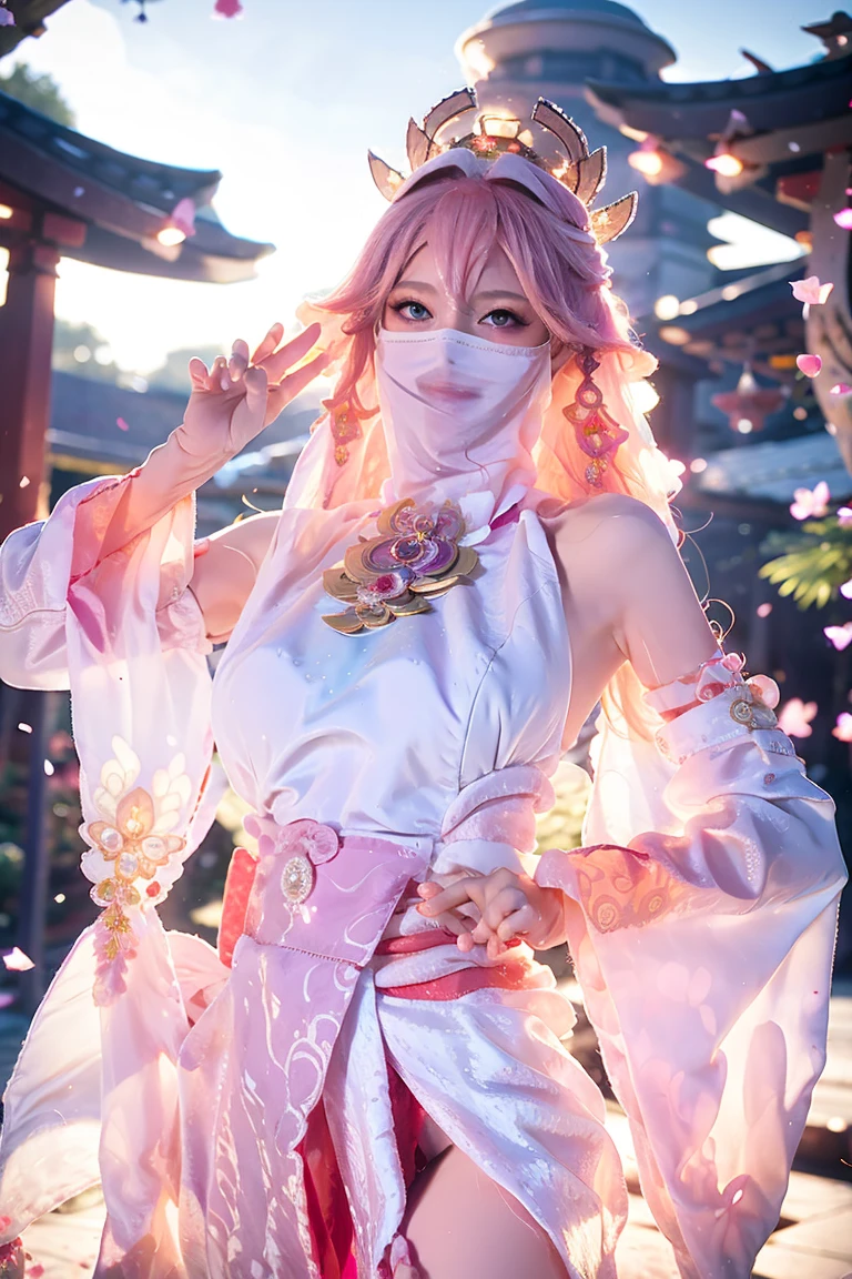 (Extremely detailed CG Unity 8K wallpaper, masterpiece, best quality), (ulzzang-6500-v1.1:0.4) 1 Girl, Korean Idol, Yae Miko, Separate sleeves, Pink Hair, Long hair, best quality, (Reality:1.2), (Hair accessories:1.35), Jewelry, Fox ears, Wearing a veil, (White Veil, Silk veil:1.2), Purple Eyes, earrings,, Torii, Cherry blossoms, lantern, Depth of Field, Delicate face, Face Focus, (Looking at the audience:1.25), Glowing skin, Long sleeve, Cowboy shooting, Dynamic poses, (Bend forward, Show your armpits, Sexy pose:1.3), Game CG, High Leg Raise, East Asian Architecture, Solid color background, whole body,  Elegant Posture, Concentrated expression, Ambient Lighting