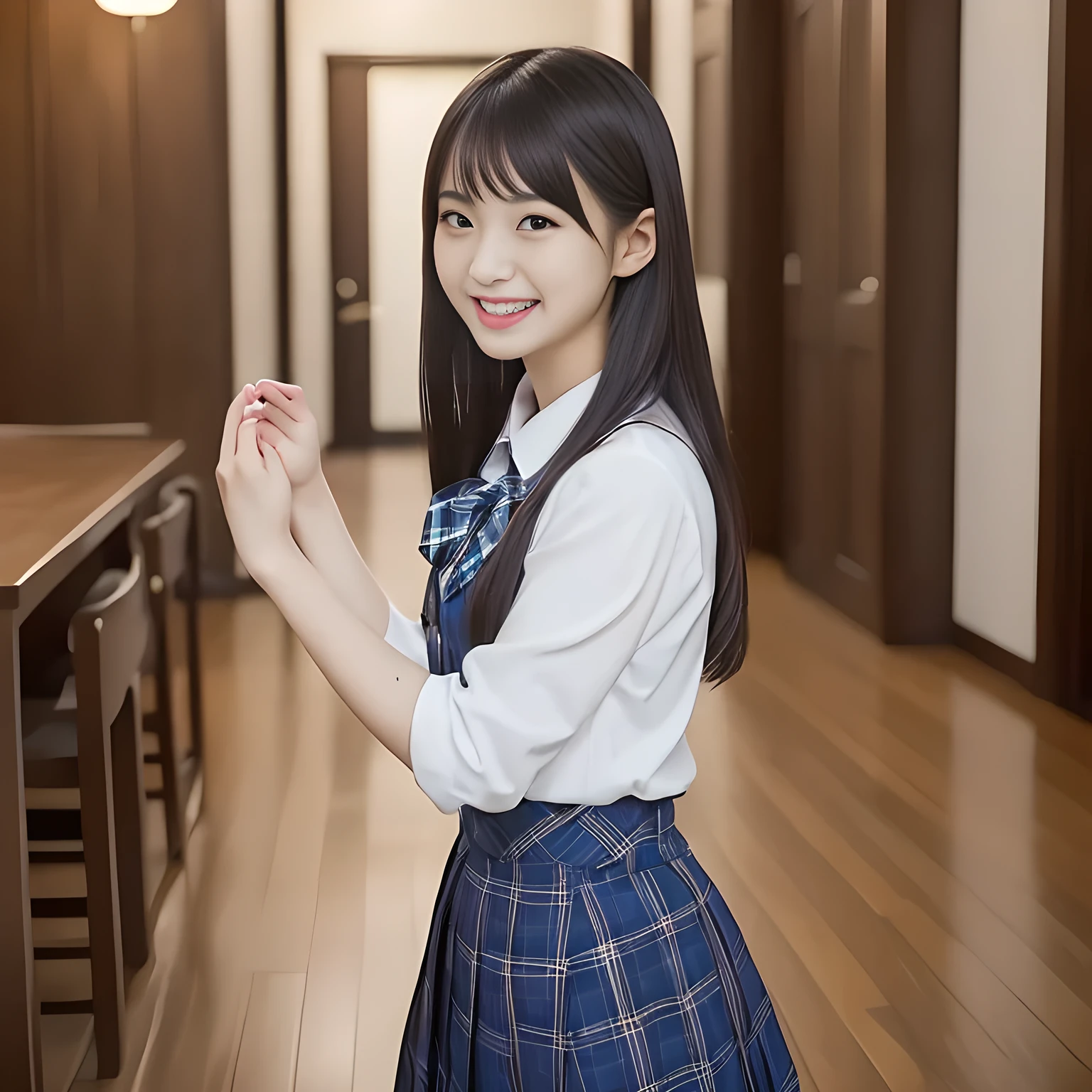 (Highest quality, masterpiece:1.2), Highest quality, High resolution, 1080P, 8K, height: 158cm, ((A noble and intelligent girl who looks like a cute Japanese young lady is giggling while magically hypnotizing the viewer)), ((So sweet, very noble, cute and pretty Japanese beautiful cute girl)), ((A real, very girly, sweet, cute and noble girl)), ((Many sacred beautiful woman dolls in the background)), ((((A ************, smiling beautiful Japanese cute fashion model)))), ((((Very pure white face and limbs)))), Glossy Lips, (Evenly cut bangs), ((Very beautiful, smiling brown, droopy, cute, pure, noble eyes)), ((Super long, straight black hair that reaches the floor)), Very shiny, Glossy Lips, Open hand over open mouth, Beautiful straight hair like a hair model, Watch and laugh at your audience, ((Incredibly well organized, Rich facial expressions. Plump and beautiful white skin and face)), ((Pure, clear, gentle smiling eyes)), ((Smile at me)), Glossy Lips, ((Noble and elegant)), ((As the succubus charms you with her magic and giggles)), ((((Succubus is fascinating、Calling to the depths of eternity)))), Very beautiful blue skirt, ((Large upward-curving lips)), ((Look directly at the viewer)), White Hand, ((Navy Japanese School Blazer, Navy and sapphire blue Japanese school uniform tartan check pattern pleated long skirt, Blue string ribbon tie)), ((((An ecstatic expression of boundless joy)))), ((Black background))