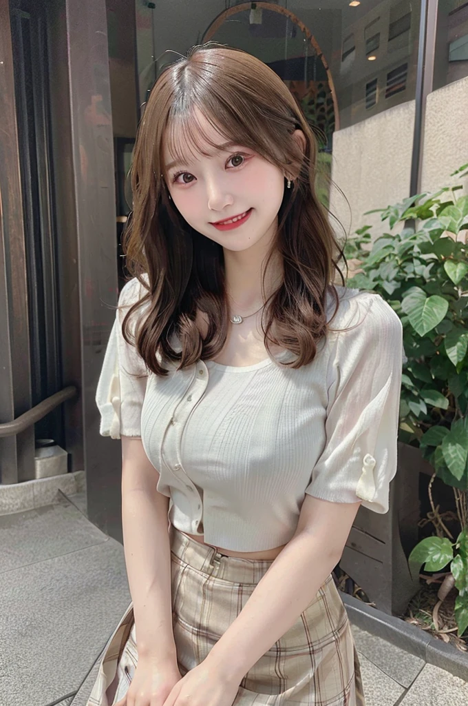 (8k, RAW photo, top quality, masterpiece: 1.2), (realistic, photorealistic: 1.37), three-dimensional, ultra detail, ultra high resolution, beautiful detailed face, one girl, beholder, constriction, slim waist, beautiful detailed skin, skin texture, floating hair, professional lighting, (Japanese beautiful and cute girl:1.2), long hair, curly hair, bob cut, beautiful hair, 20 years old, attractive breasts, (round breasts:1.2), (huge breasts:1.2), look at viewer, full body, in the city sidewalk, (smiles:1.1), bracelet, earing, necklace, (see-through shirt, skirt lift:1.2),