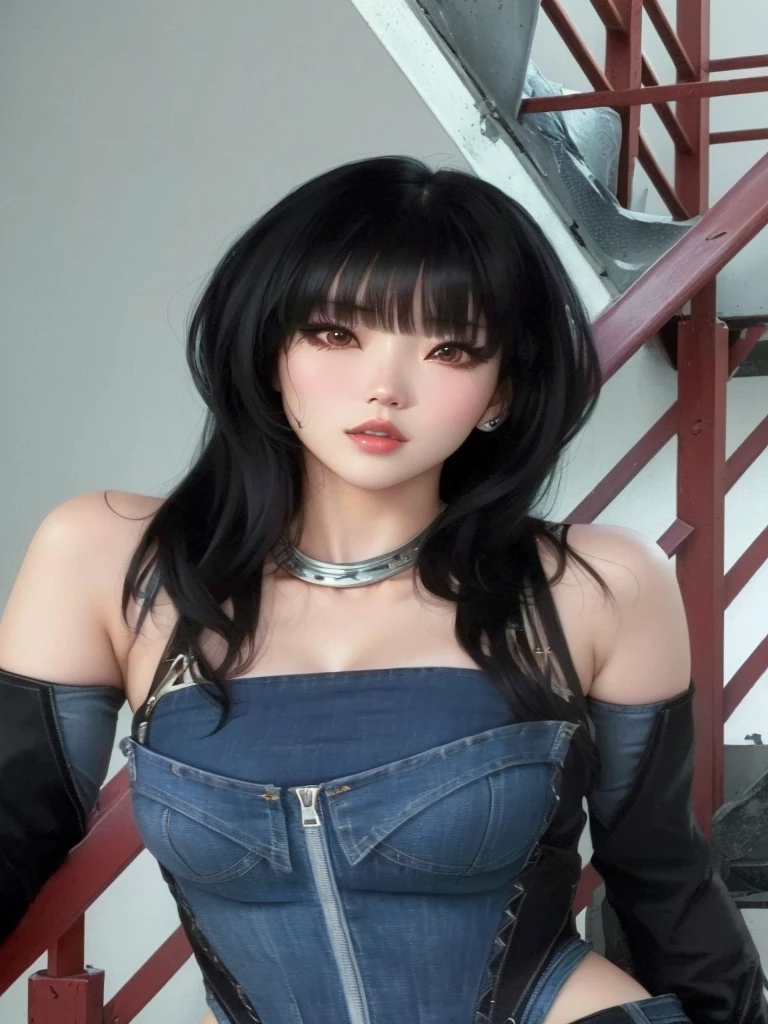 arafed woman in a denim corset posing for a picture, she has black hair with bangs, ulzzang, jinyoung shin, with bangs, sun yunjoo, cruel korean goth girl, iu lee ji-eun as a super villain, with full bangs, heonhwa choe, Karina aespa, Korean girl, pretty girl, ulzzang girl, Korean