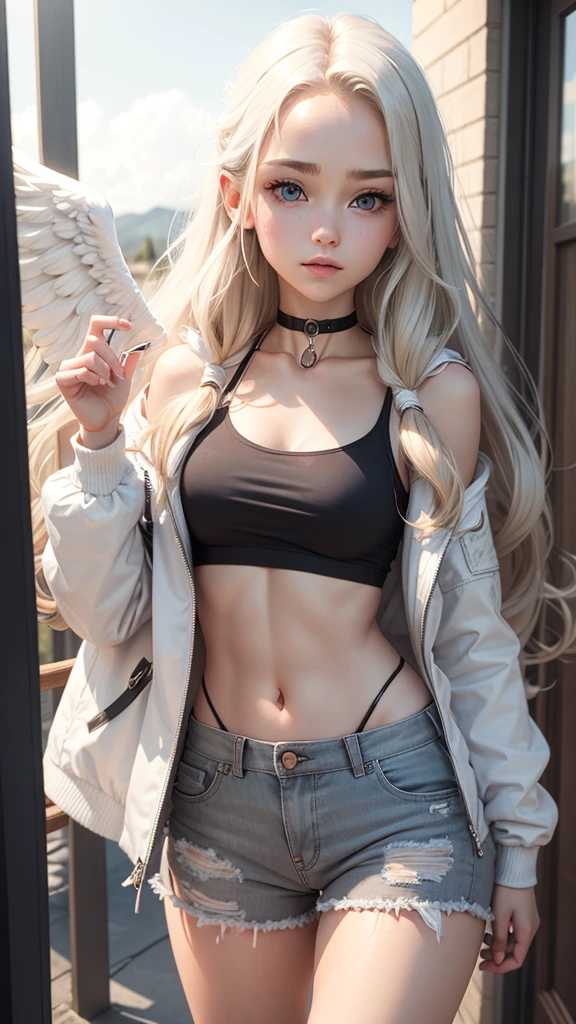 One girl, Medium chest, Blonde, Long Hair, Wavy Hair, Grey Eyes, White Feather Wings, Angel, Outdoor, White jacket, choker, Tank top, jeans