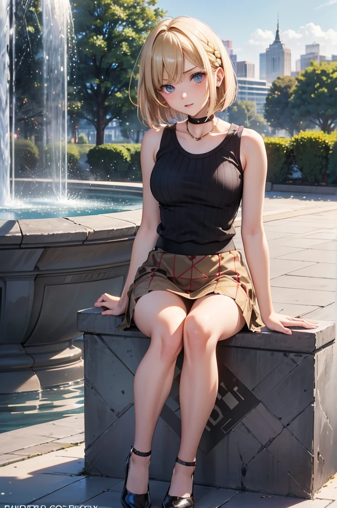 best quality, super fine, 16k, incredibly absurdres, extremely, cute European Caucasian woman, 24 years old, captivating look, aroused expression, blonde long bob cut, wearing Burberry checked skirt, black tank top sweater with braided pattern, superlative body proportion, sitting in fountain plaza