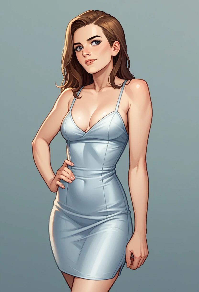 Create a high-fashion editorial photograph featuring a model inspired by Emma Watson, dressed in an elegant white Dior evening pencil dress. The dress has a deep V-neckline and thin spaghetti straps, accentuating the model's collarbones and shoulders. The fitted silhouette hugs the model's figure, leading to a dramatic deep slit on the left side, adding a touch of allure and showcasing her leg. The dress is made of a smooth, satin-like fabric that catches the light beautifully, emphasizing its luxurious quality. The model should be posed confidently, with one hand resting on her hip and the other gently holding the slit open, highlighting both the dress's sleek, sophisticated design and the alluring slit. The background should be minimalist and neutral, ensuring all focus remains on the model and the stunning dress. Lighting should be soft yet well-defined to accentuate the fabric's texture and the model's graceful pose. The overall mood should exude modern elegance and refined style.