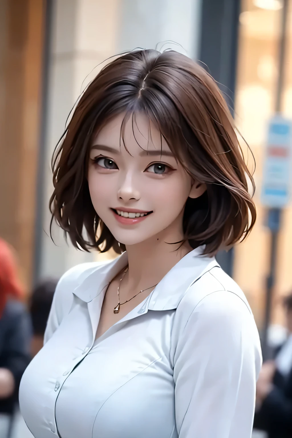 ((masterpiece)), ((Highest quality)), ((Complex)), ((Surreal)), (Realistic), (Mature Woman), ((There are no classes)), Very detailed, (1 female), Beautiful and exquisite, (Beautiful Teeth), Grin, Brunette Bob Hair, Brown eyes, ((blouse)), (Upper Body), (background:none), Perfect Eyes, Captivating eyes, Looking at the audience