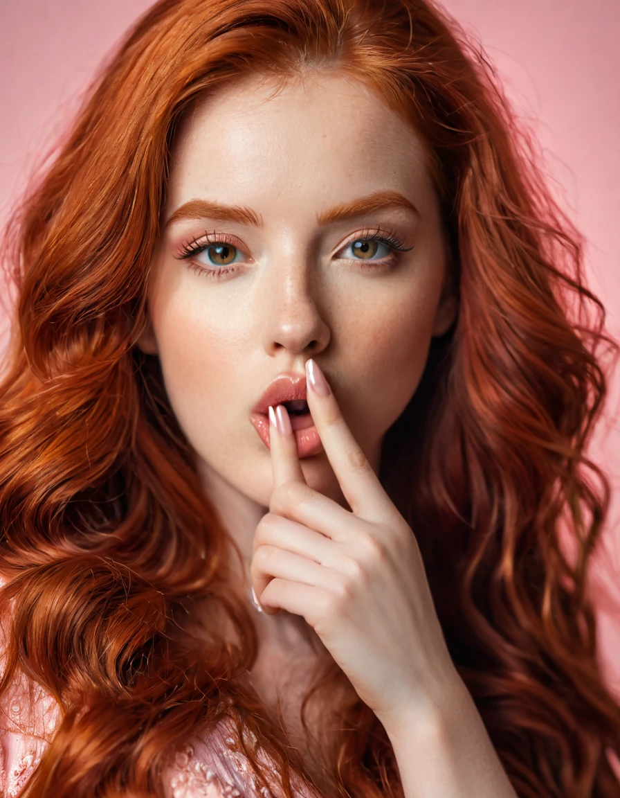 ultra realistic, photography, long red hair, girl, 24 years old, hourglass figure, perfect body, Flirty look, beautiful detailed woman, intricate and detailed face, long lush hair, soft lighting, photorealistic, high quality, cinematic, dramatic, warm color tones, facing the camera, Nikon z fx, lens 35 mm, blur background, beautiful attractive redhead young woman 20s years old in rose clothes look aside say hush be quiet with finger on lips shhh gesture isolated on pastel pink color background studio