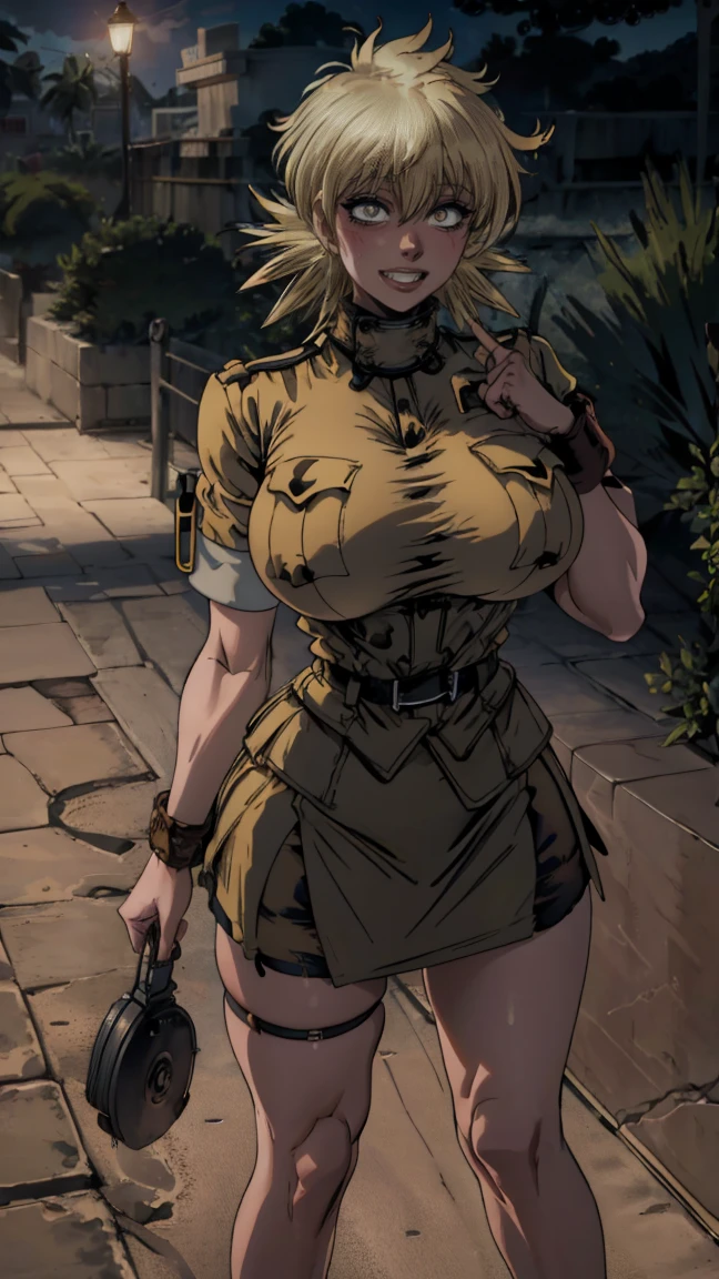 Seras Victoria,  milf, old woman, yellow hair, uniforme militar color arena,  ((sand-colored military uniform, sand colored mini skirt, skirt raised, you can see her black panties , flushed, smile coqueta, black lipstick, gothic aesthethics)) , (( flushed, smile, oiled skin)), picking up her breasts, (( rubor, Caderas anchas)), Curvy body, (( gigantic sagging breast)), long legs, open legs,Iparuputsua, standing, ((de pie)), on the beach at night, city lights in the distance, Cancun, image from below