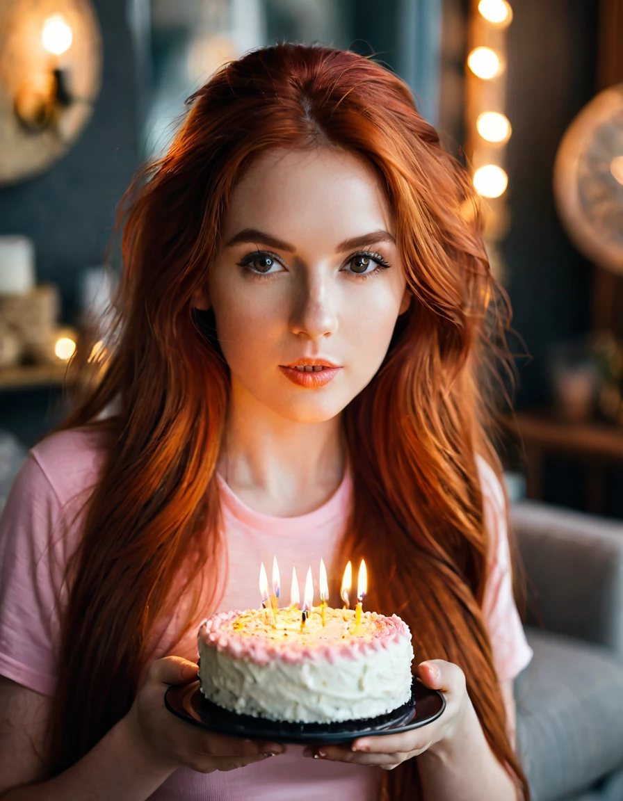 ultra realistic, photography, long red hair, girl, 24 years old, hourglass figure, perfect body, Flirty look, beautiful detailed woman, intricate and detailed face, long lush hair, soft lighting, photorealistic, high quality, cinematic, dramatic, warm color tones, facing the camera, Nikon z fx, lens 35 mm, blur background, at a birthday party with cake in a livingroom, it says 25, she is wearing a tight pink top and black yoga pants and sneakers, female is holding a plate with a slice of cake on it, on the cake is one candle and the female is blowing the candle out