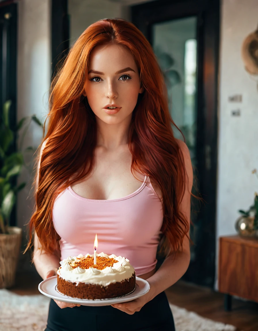 ultra realistic, photography, long red hair, girl, 24 years old, hourglass figure, perfect body, Flirty look, beautiful detailed woman, intricate and detailed face, long lush hair, soft lighting, photorealistic, high quality, cinematic, dramatic, warm color tones, facing the camera, Nikon z fx, lens 35 mm, blur background, at a birthday party with cake in a livingroom, it says 25, she is wearing a tight pink top and black yoga pants and sneakers, female is holding a plate with a slice of cake on it, on the cake is one candle and the female is blowing the candle out