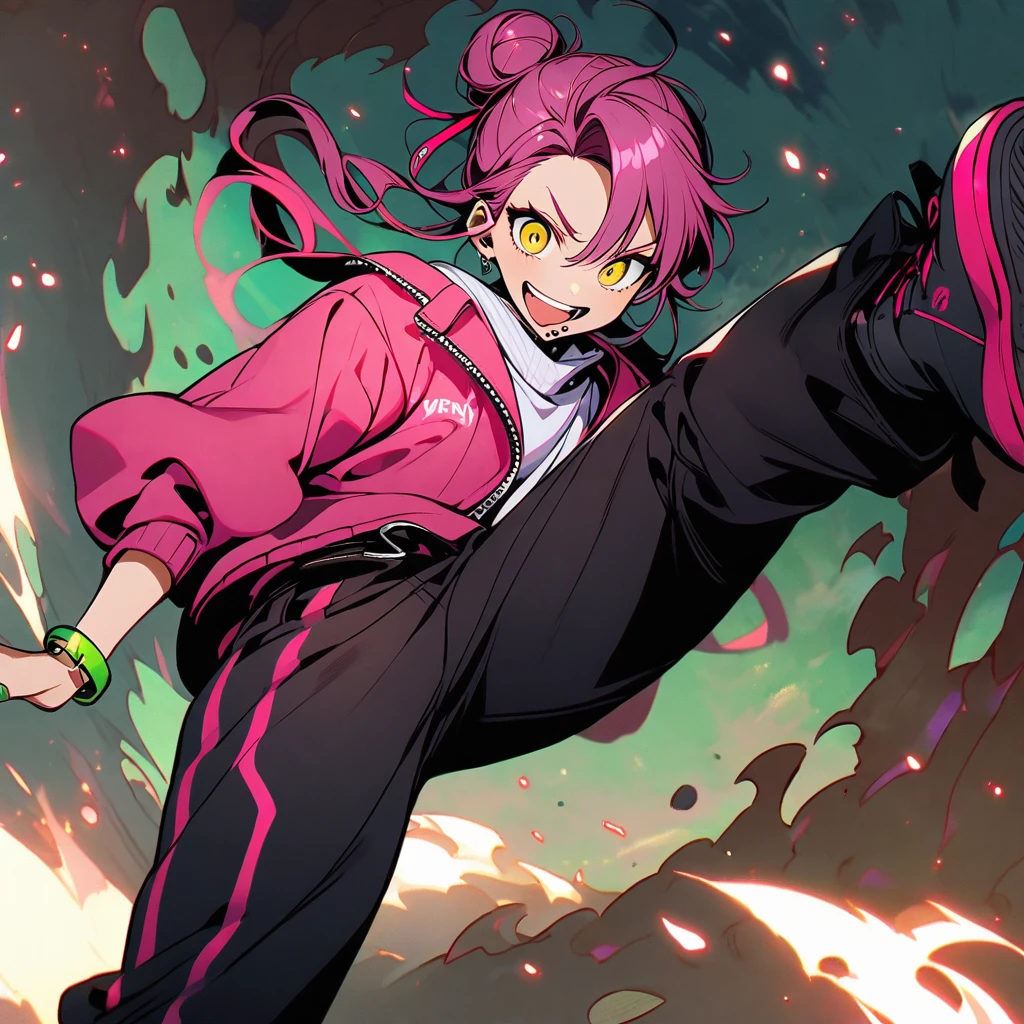 (well done: 1) man, dark pink long curly hair tied in a bun, yellow eyes, mouth piercing, green bracelet, green nails, white t-shirt with a symbol in the middle, pink jacket, black pants, high boots.