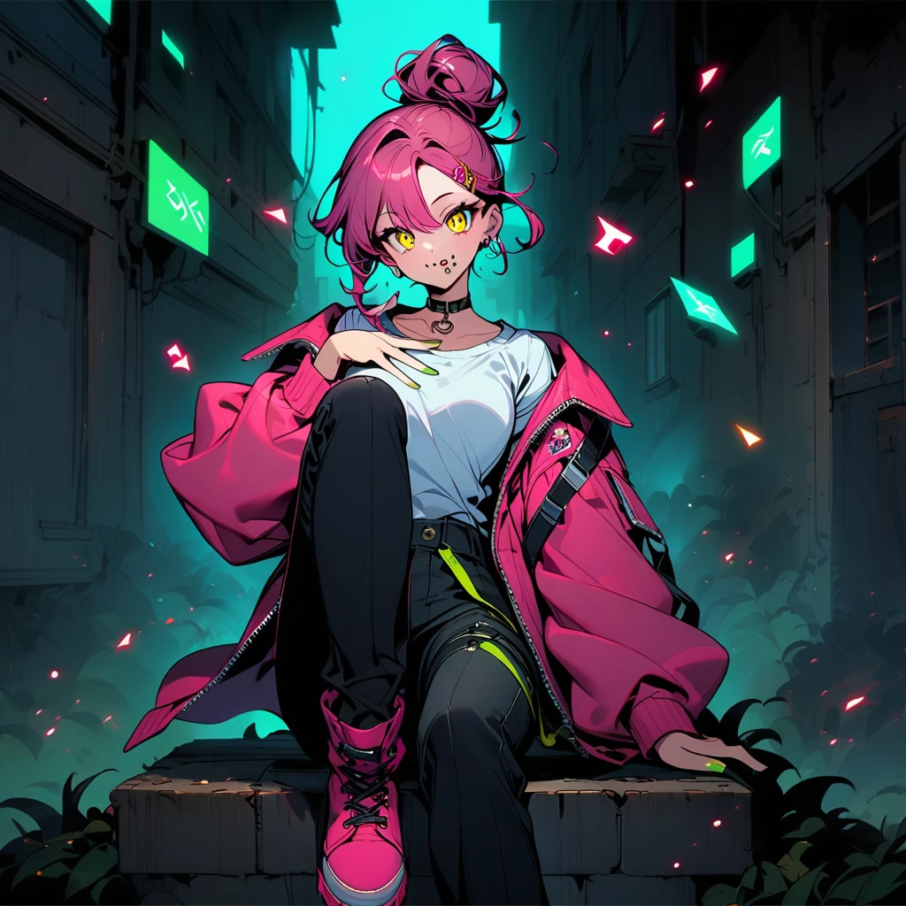 (well done: 1) man, dark pink long curly hair tied in a bun, yellow eyes, mouth piercing, green bracelet, green nails, white t-shirt with a symbol in the middle, pink jacket, black pants, high boots.
