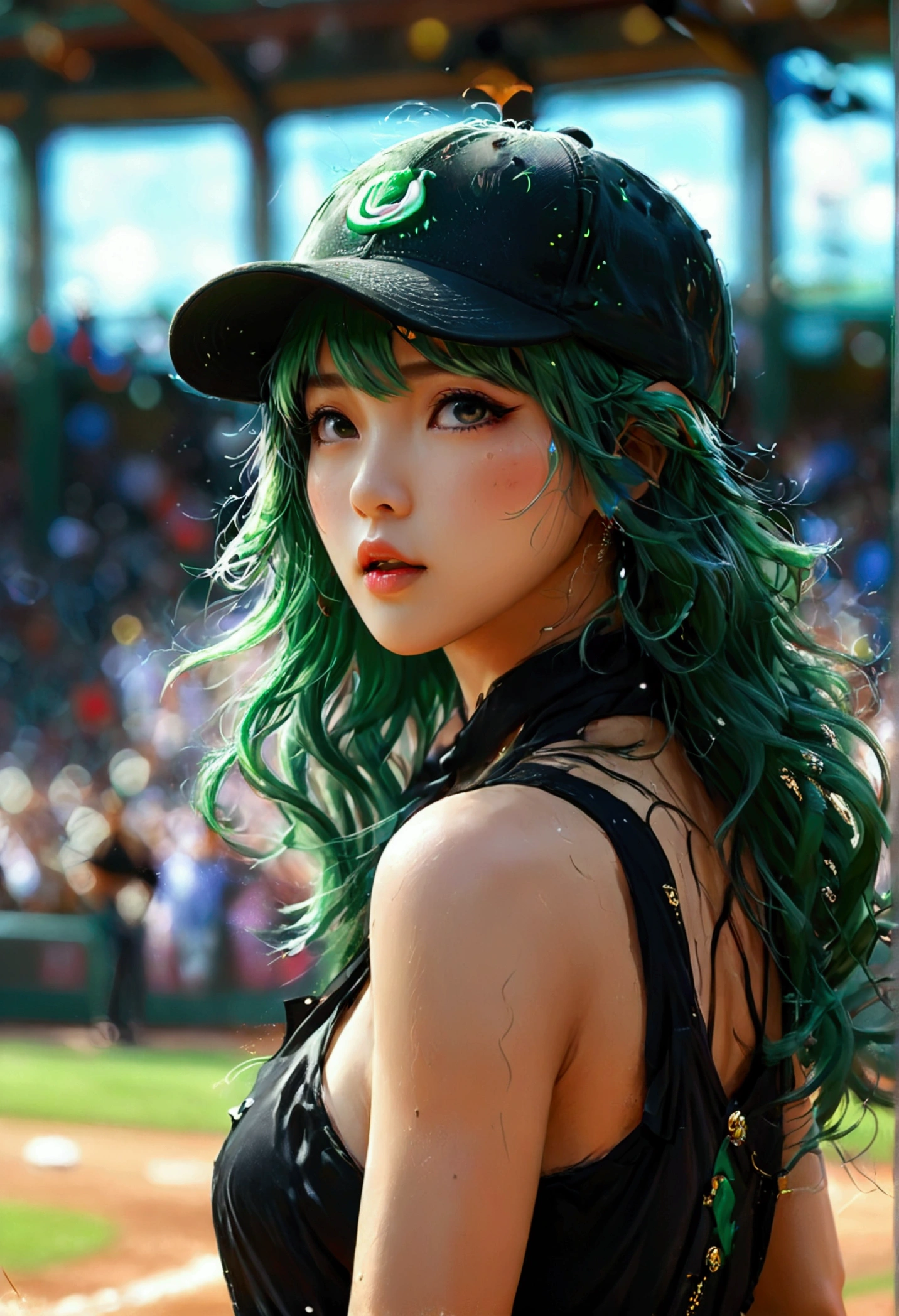 A beautiful Japanese woman (Tatsumaki,black dress, green hair) in a baseball cap pitching a ball, dynamic pitching pose, crowd cheering in the background, bokeh effect, anime style, highly detailed, intricate, vibrant colors, cinematic lighting, photorealistic, masterpiece
