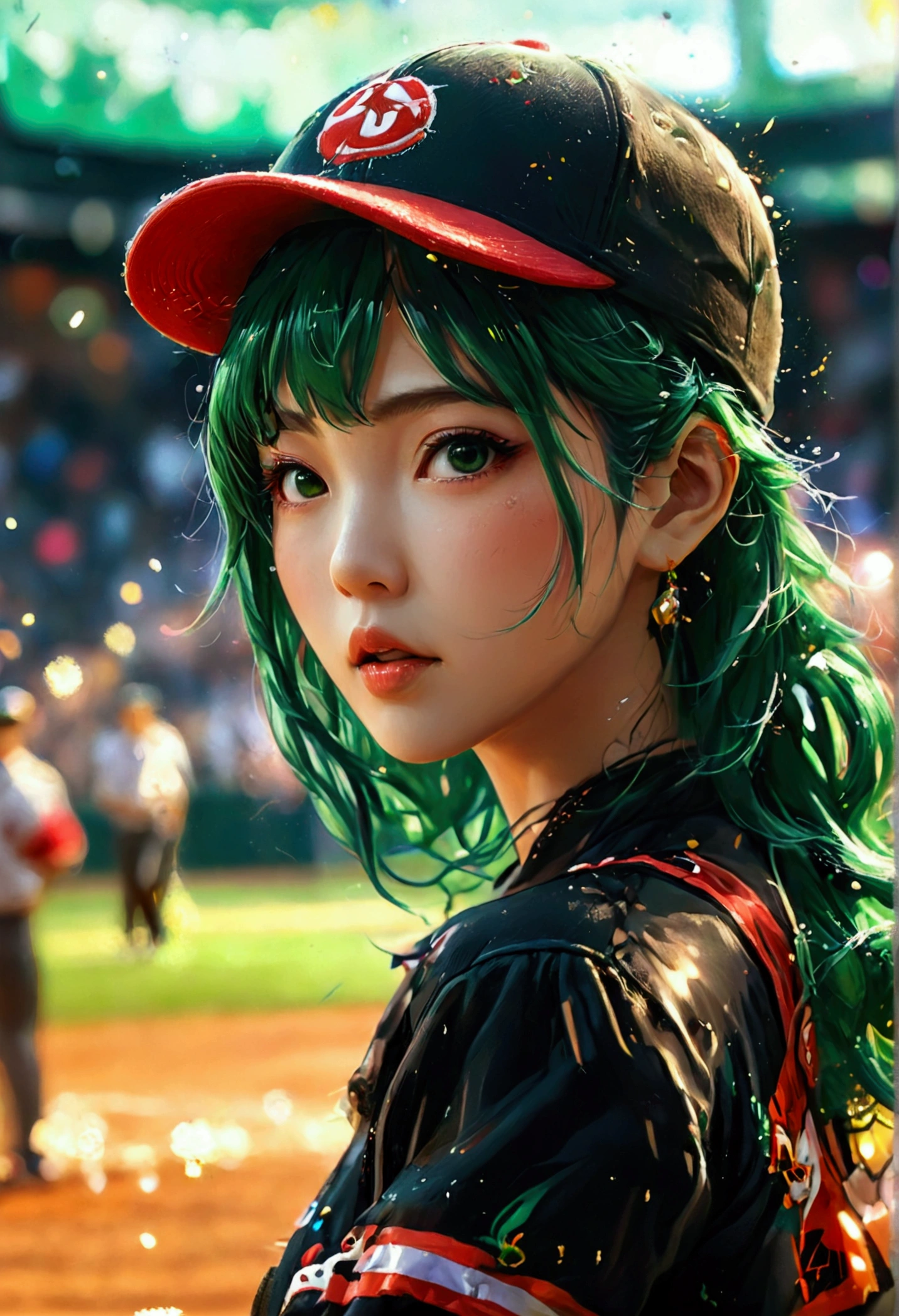 A beautiful Japanese woman (Tatsumaki,black dress, green hair) in a baseball cap pitching a ball, dynamic pitching pose, crowd cheering in the background, bokeh effect, anime style, highly detailed, intricate, vibrant colors, cinematic lighting, photorealistic, masterpiece
