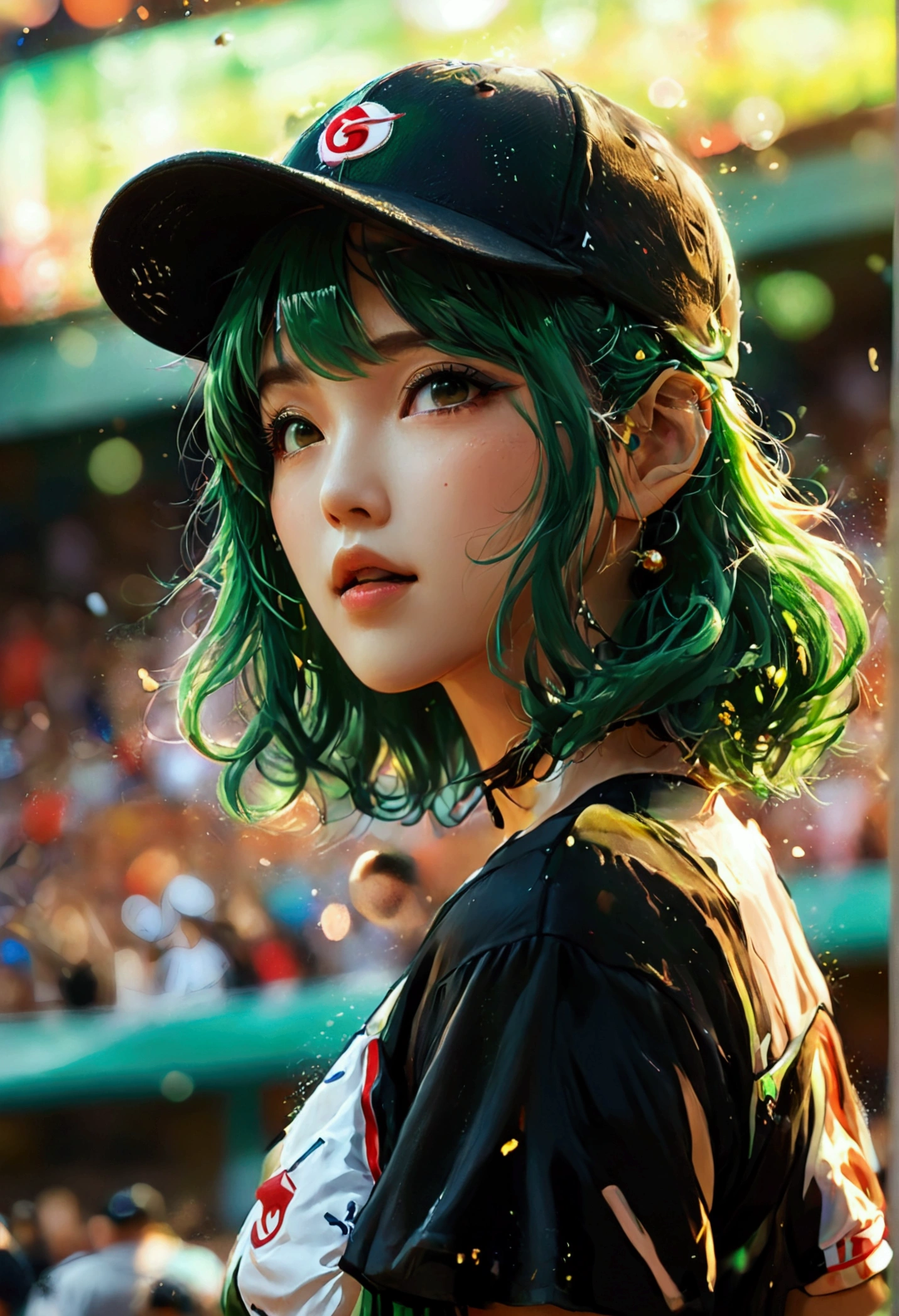 A beautiful Japanese woman (Tatsumaki,black dress, green hair) in a baseball cap pitching a ball, dynamic pitching pose, crowd cheering in the background, bokeh effect, anime style, highly detailed, intricate, vibrant colors, cinematic lighting, photorealistic, masterpiece