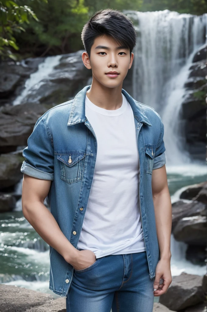 ((realistic daylight)) , Young Korean man in only a green t-shirt, no pattern. (Denim coat) Jeans, A handsome, muscular young Asian man looks at the camera. In a simple t-shirt blue and red , By the waterfall ,turn sideways