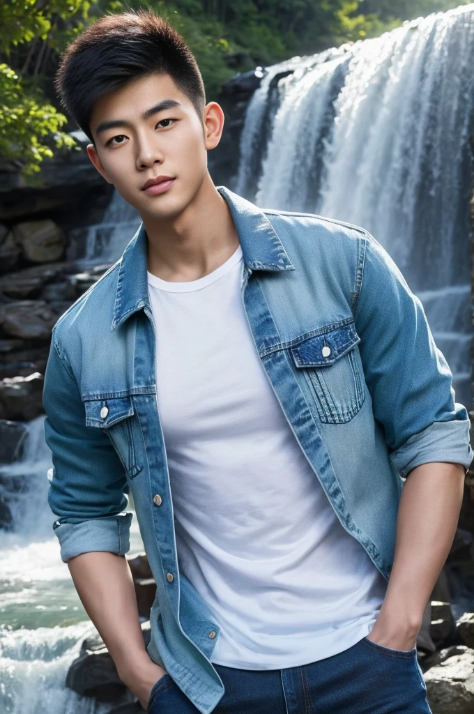 ((realistic daylight)) , Young Korean man in only a green t-shirt, no pattern. (Denim coat)  Jeans, A handsome, muscular young Asian man looks at the camera. In a simple t-shirt blue and red , By the waterfall ,turn sideways