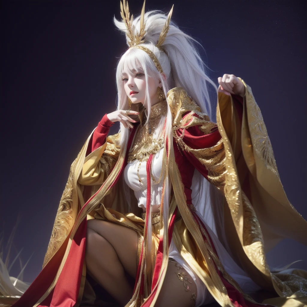 A girl dressed in golden red clothes with white hair