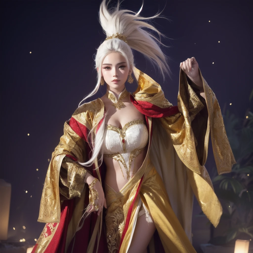Professional , masterpiece、top-quality、photos realistic , depth of fields 、(White bikini armor)、(Mystical expression)、((Fight dragons)),(Wear a beautiful kimono),(Wear a beautiful kimono with colorful floral patterns)、Jewel Gold Weapon、Particles of light),Gorgeous gold weapons ,(( Gorgeous Dragon Sword)) , (Hold the Devil's Hand),,(maikurobikini) 、((White hair))、(Castle background)、(demonic wings)、((Gangle's forest background))、Beautiful Caucasian beauty、1a person、dynamic ungle,(((Two devil's horns on the head)))、Smaller head、Idle Smile、Thin and beautiful female hands、Mystical expression、Light Effects、intense fighting、Wind-effect、magic circles、With the legendary magic wand、Dragon's tail、
