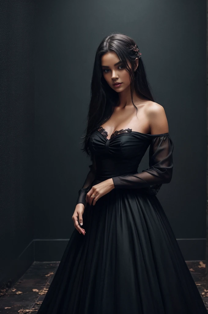 make beautiful canvas painting of mytries abundant and scary but beautiful gorgeous women wearing dark theme color beautiful dress