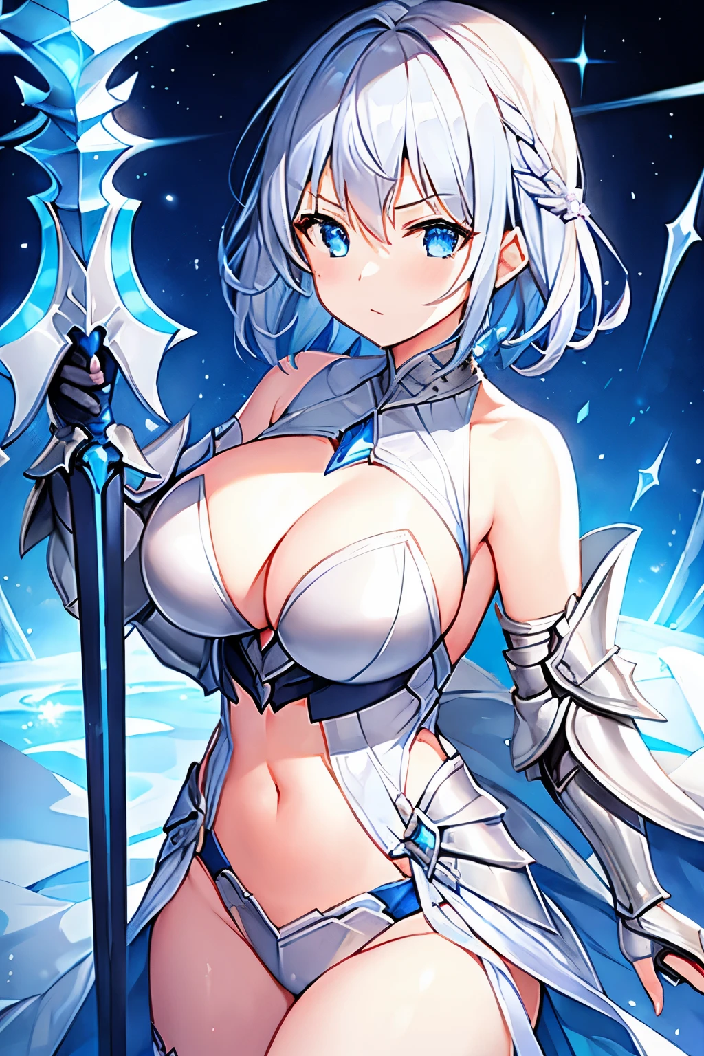 1 girl、Silver short hair、knight、Less Armor、Lots of cloth、Blue and silver decoration、Chest a little big、Ice crystals、Expose、Carrying a weapon