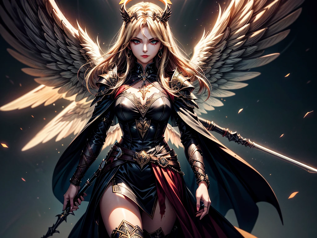 In the middle of the burning battlefield filled with broken swords and dead sodiers stand beatiful female fallen angel with black wings , she have beautiful face her eyes is golden yellow she have dark red lipstick and black eyeshadows she have piersing ring on her lip and cross shaped earrings on her ears her hair golden blond with black highlights with a blood red halo above her head, she dressed in sexy black leather armor with long skirt and black highheels boots with betal parts she have mystic symbols tattoo on her shouders, in her hand she holding long spear, (ultra high quality fantasy art, ghothic dark fantasy style, masterpiece, ultra high quality character design, 8k quality anime art, realistic anime art, top quality wallpaper illustration, detailed ultra high quality accurate face, high quality design and accurate physic)