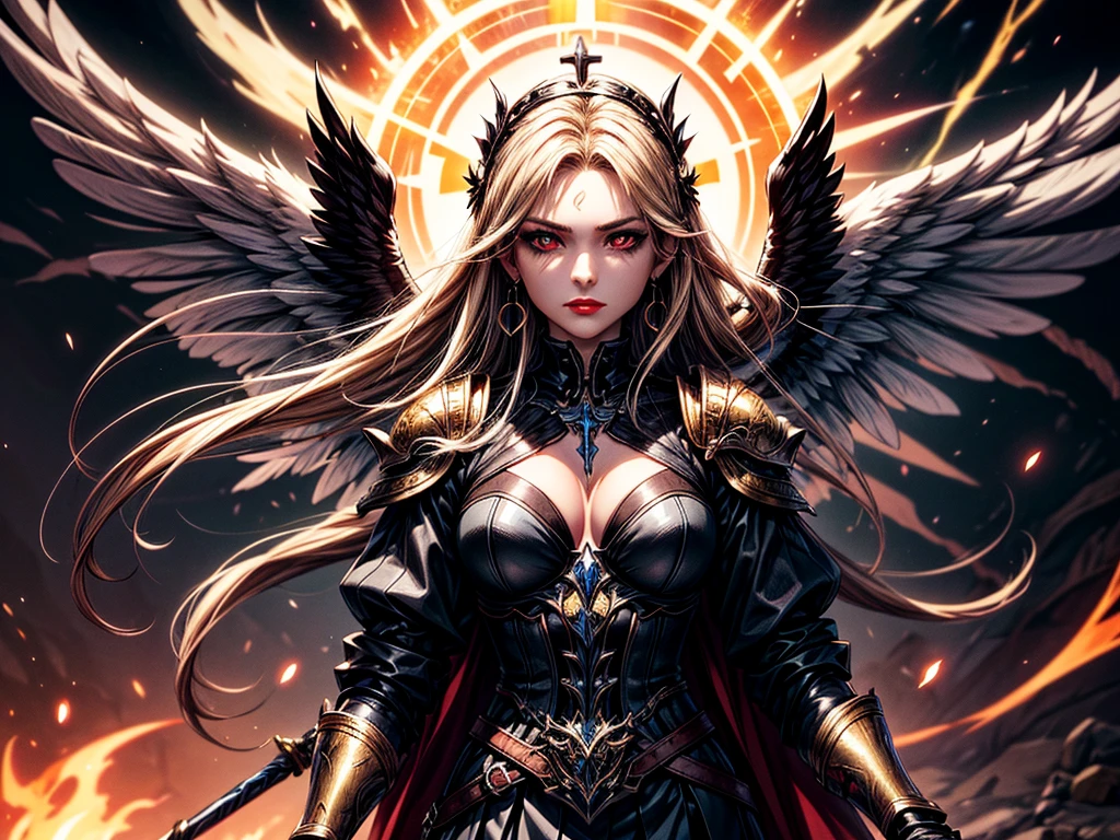 In the middle of the burning battlefield filled with broken swords and dead sodiers stand beatiful female fallen angel with black wings , she have beautiful face her eyes is golden yellow she have dark red lipstick and black eyeshadows she have piersing ring on her lip and cross shaped earrings on her ears her hair golden blond with black highlights with a blood red halo above her head, she dressed in sexy black leather armor with long skirt  and black highheels boots with betal parts  she have mystic symbols tattoo on her shouders, in her hand she holding long spear, (ultra high quality fantasy art, ghothic dark fantasy style, masterpiece, ultra high quality character design, 8k quality anime art, realistic anime art, top quality wallpaper illustration, detailed ultra high quality accurate face, high quality design and accurate physic)