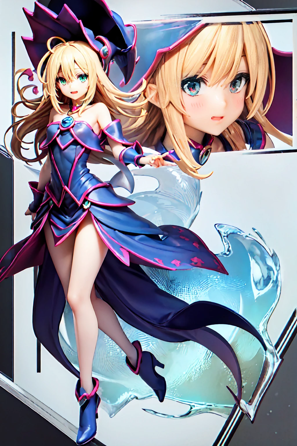 dark magician girl, Super detailed, Very detailed, masterpiece, 最high quality, 最high quality, Absurd, High resolution, Black Magician Girl, (One girl:1.2), alone, Detailed face, Dynamic pose, Hair flow, (whole body:1.1), Blonde, Long Hair, View your viewers, Green Eyes, Detailed skin, chest, Manicure, skirt, Blue footwear, Blue hat, Wizard's Hat, Cane, I have a hat, (Blue panties:0.9), masterpiece, Very detailed, A magnificent composition, high quality, 最high quality, 4K, (white background:1.5), pedestal , Figures