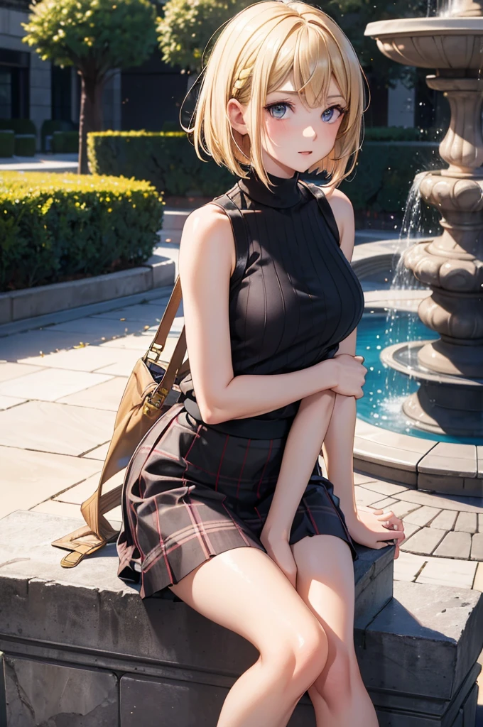 best quality, super fine, 16k, incredibly absurdres, extremely, cute European Caucasian woman, 24 years old, captivating look, aroused expression, blonde long bob cut, wearing Burberry checked skirt, black tank top sweater with braided pattern, superlative body proportion, sitting in fountain plaza