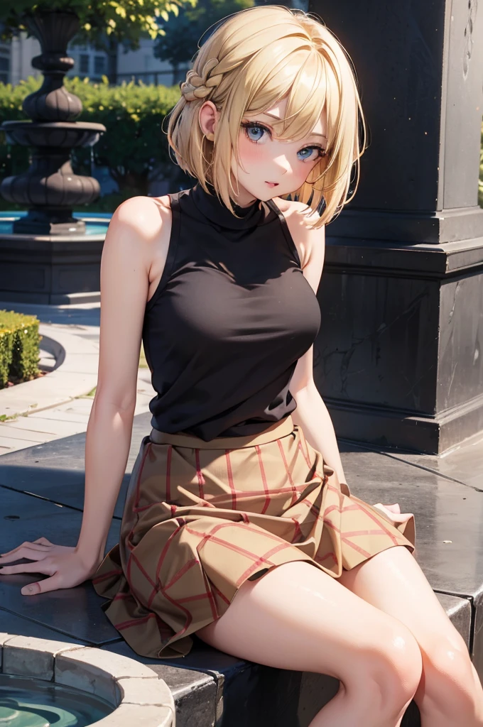 best quality, super fine, 16k, incredibly absurdres, extremely, cute European Caucasian woman, 24 years old, captivating look, aroused expression, blonde long bob cut, wearing Burberry checked skirt, black tank top sweater with braided pattern, superlative body proportion, sitting in fountain plaza