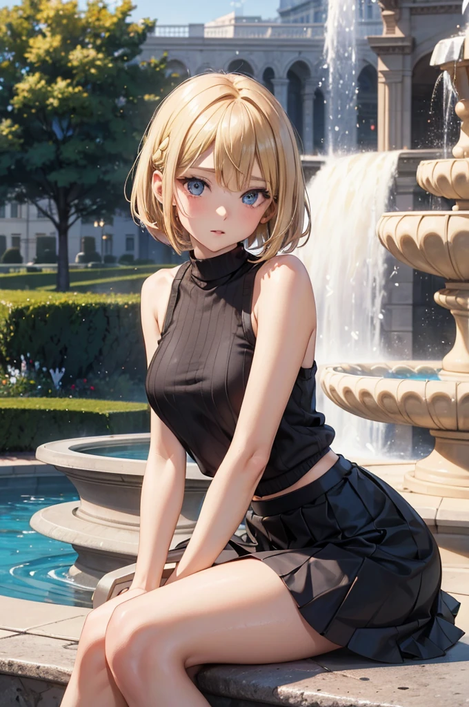best quality, super fine, 16k, incredibly absurdres, extremely, cute European Caucasian woman, 24 years old, captivating look, aroused expression, blonde long bob cut, wearing Burberry checked skirt, black tank top sweater with braided pattern, superlative body proportion, sitting in fountain plaza