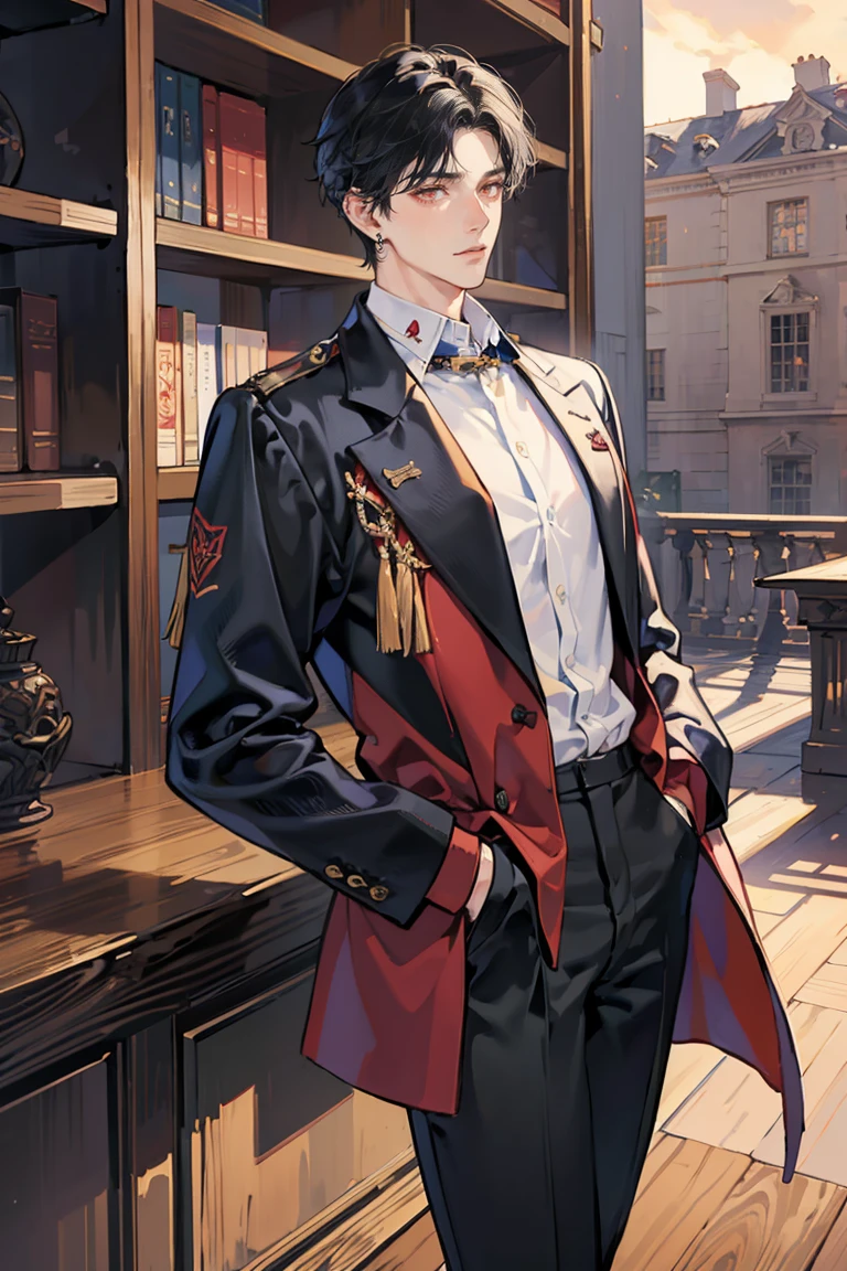 (masterpiece), best quality, seductive eyes, perfect face, handsome man, red eyes, short messy black hair, long nose, korean , full body, extremely tall man, long legs, long calves, anime cover, 1boy, ear piercings, hands in pockets, adult-like look, bad boy, the background is a library and he's looking at the book at the top while his hands are on his pockets