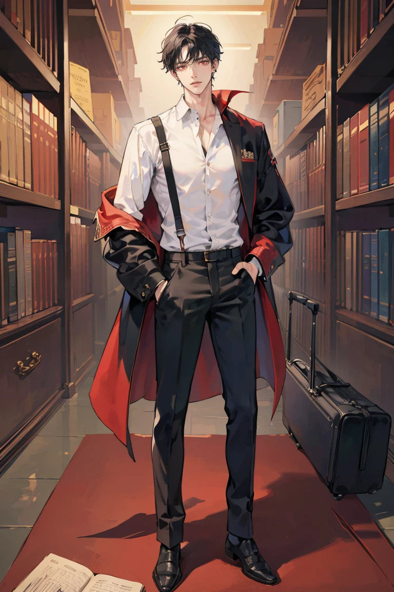 (masterpiece), best quality, seductive eyes, perfect face, handsome man, red eyes, short messy black hair, long nose, korean , full body, extremely tall man, long legs, long calves, anime cover, 1boy, ear piercings, hands in pockets, adult-like look, bad boy, the background is a library and he's looking at the book at the top while his hands are on his pockets