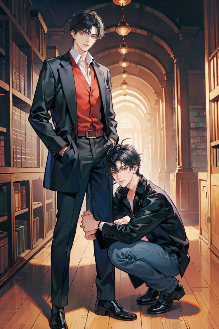 (masterpiece), best quality, seductive eyes, perfect face, handsome man, red eyes, short messy black hair, long nose, korean , full body, extremely tall man, long legs, long calves, anime cover, 1boy, ear piercings, hands in pockets, adult-like look, bad boy, the background is a library and he's looking at the book at the top while his hands are on his pockets